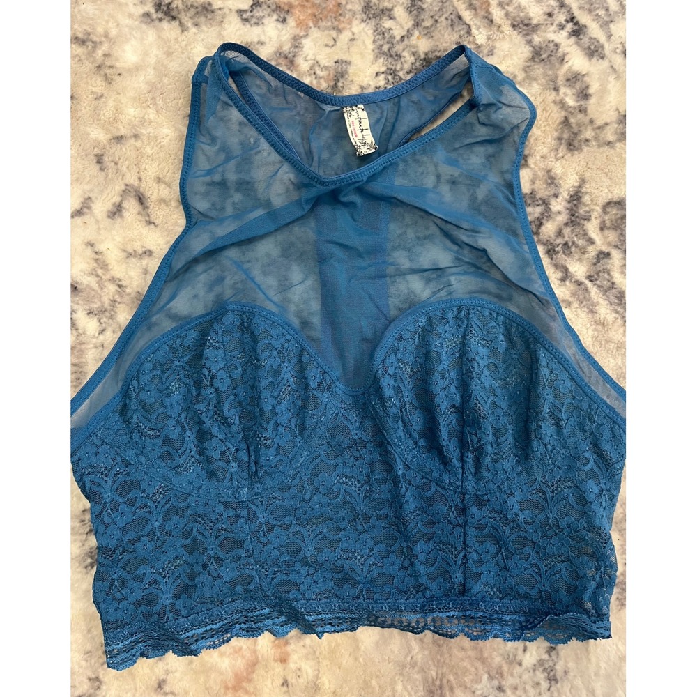 Free People Intimately Teal Blue Sheer Mesh Racerback Lace Trim Bralette XS